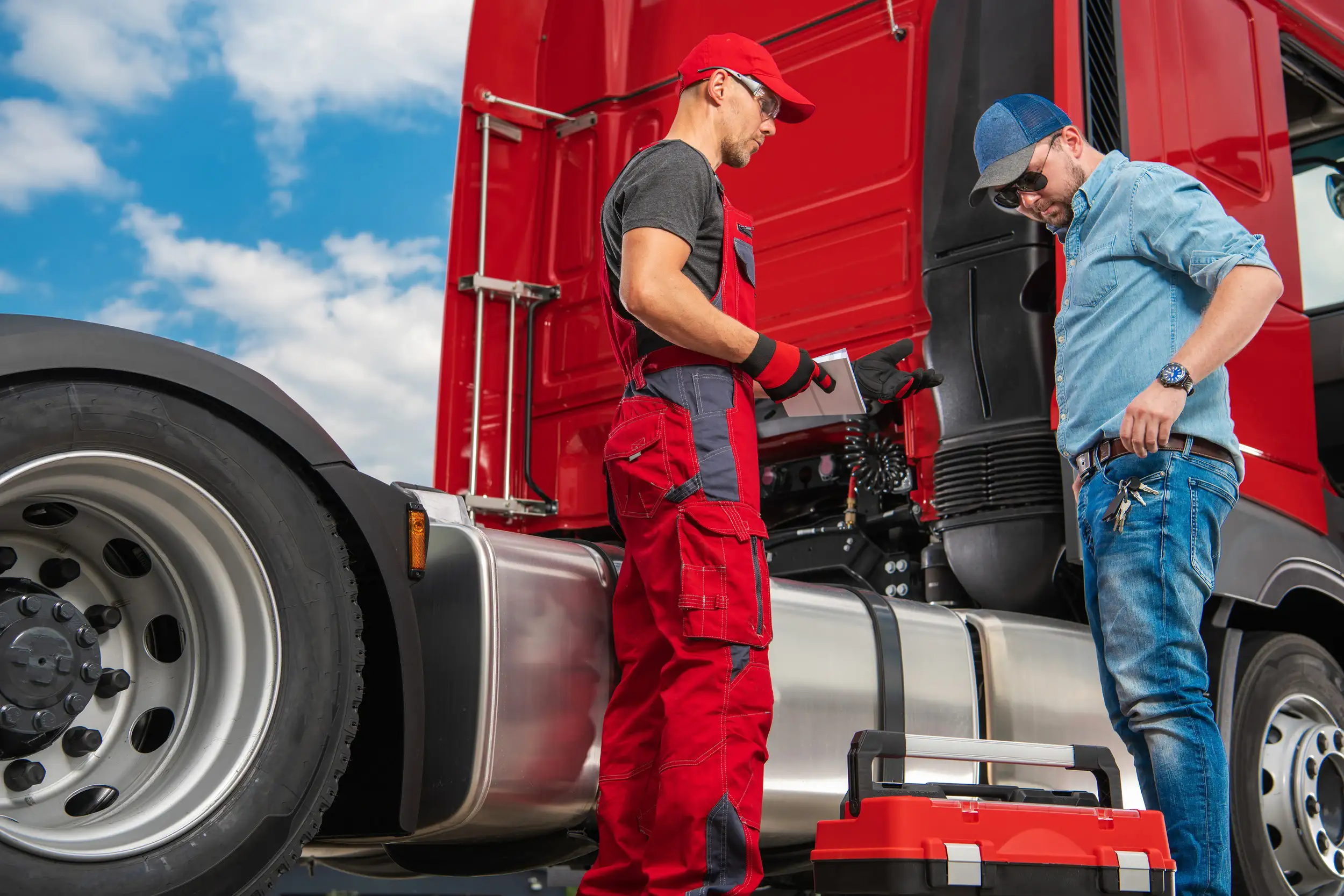 A mechanic and a truck driver discussing any problems with the trailer truck.
