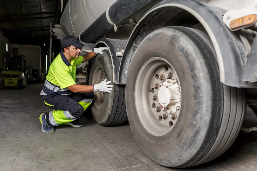 Professional inspecting truck tire for tire repair signs.