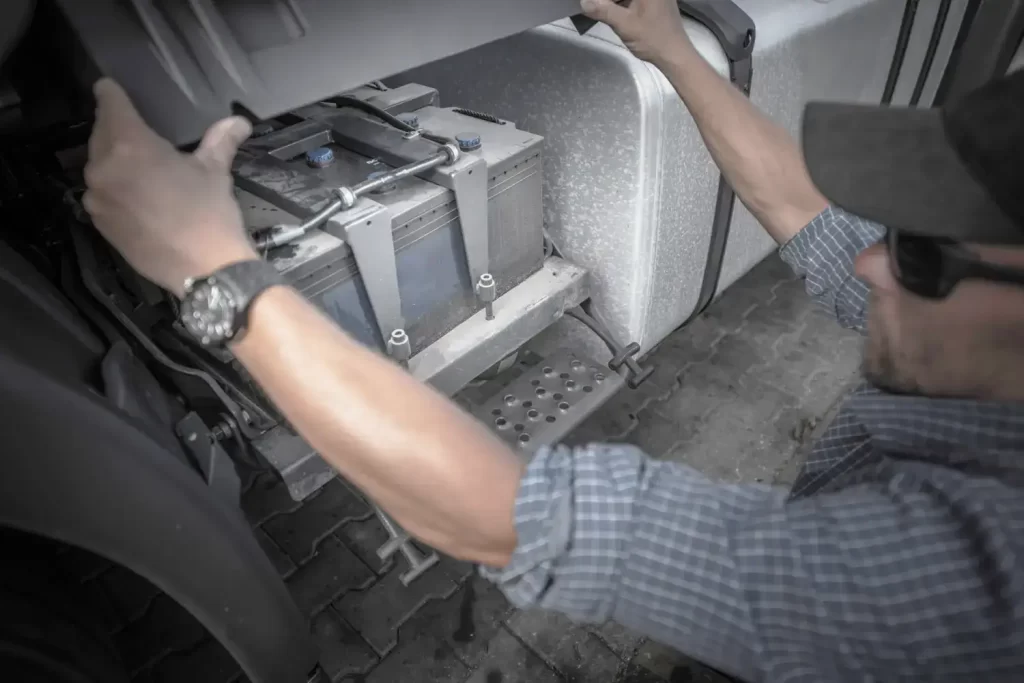 A driver checking the truck's battery.