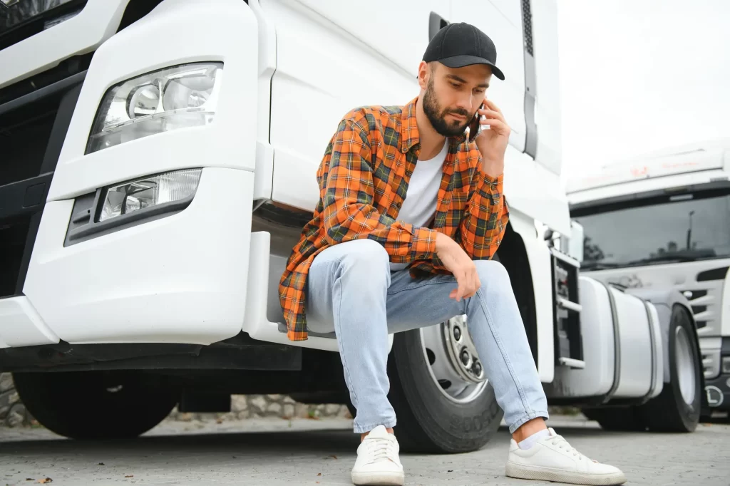 A truck driver communicating with roadside assistance on the phone.