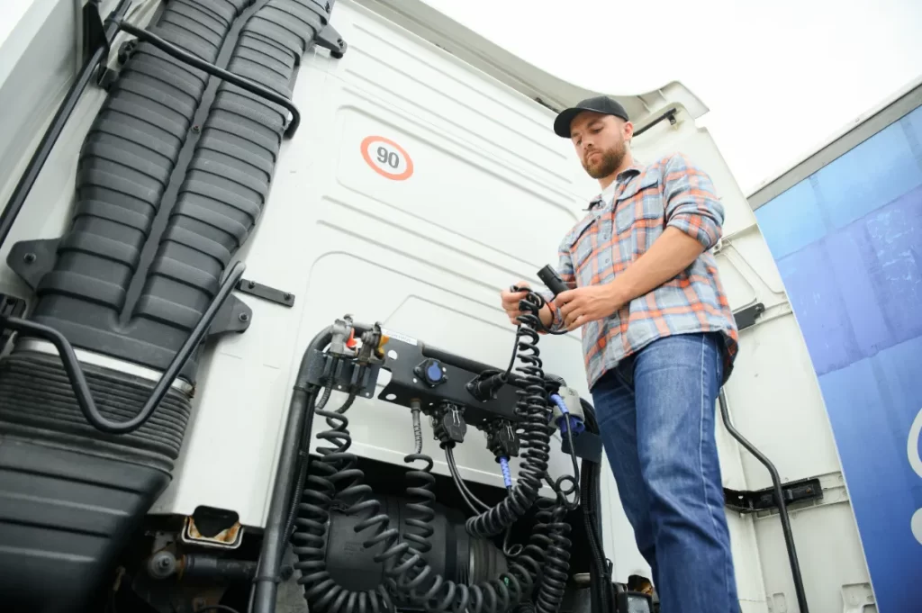 A guy repairing a white reefer truck.