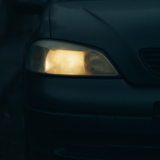 A dim light on the front headlight of the car.