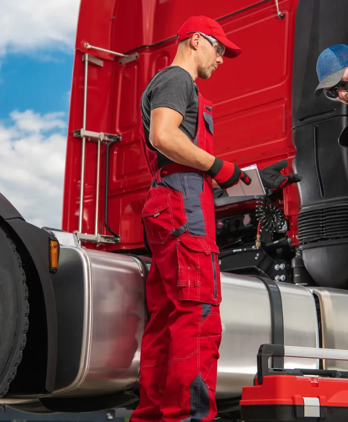 A mechanic and a truck driver discussing any problems with the trailer truck.